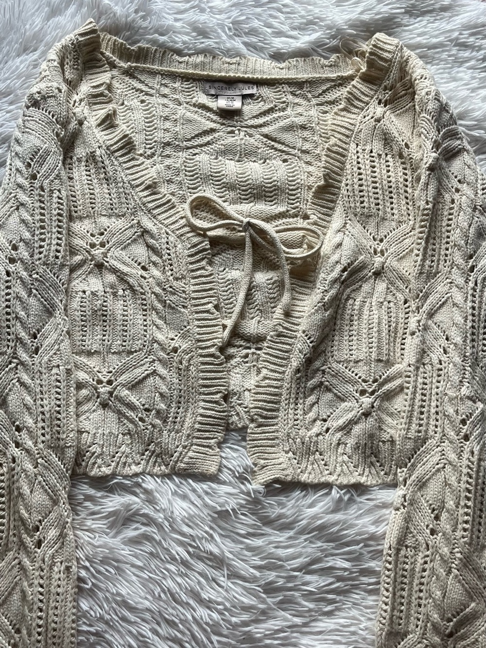 Sincerely Jules Cream Crochet Tie-Front Cardigan